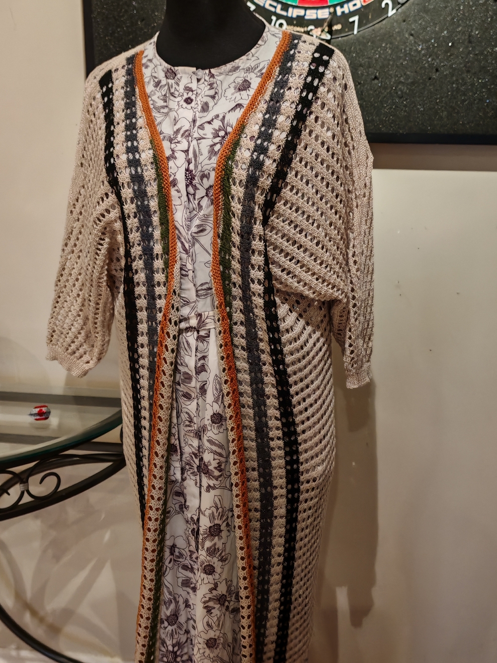 Crochet Duster Cardigan with Striped Accents - Picture 5 of 11